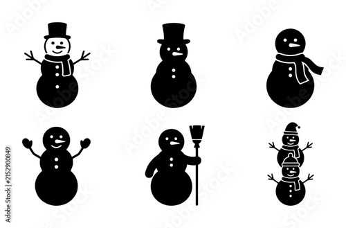 70 Set of Six Black Snowman Icons, Winter Holiday Characters, Festive Christmas Graphics, Simple Vector Illustrations for Seasonal Design 100