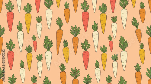 Colorful carrots hand-drawn seamless vegetable garden food pattern.