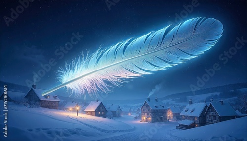 Magical starry night sky over snowy village landscape with shooting stars