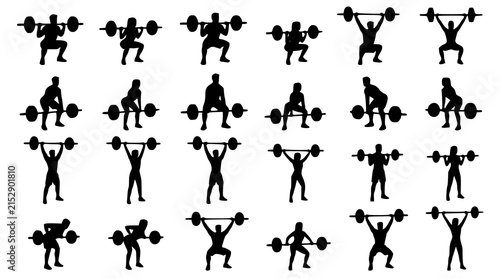 :
Man Woman Barbell Fitness Weightlifting Silhouette Vector Icon Collection