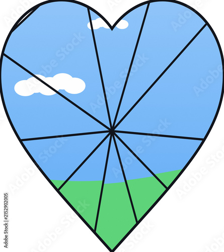 Heart divided into sections with blue and green parts and white clouds vector illustration