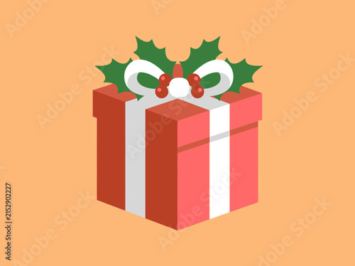 Isometric Red Christmas Gift Box with White Ribbon and Holly