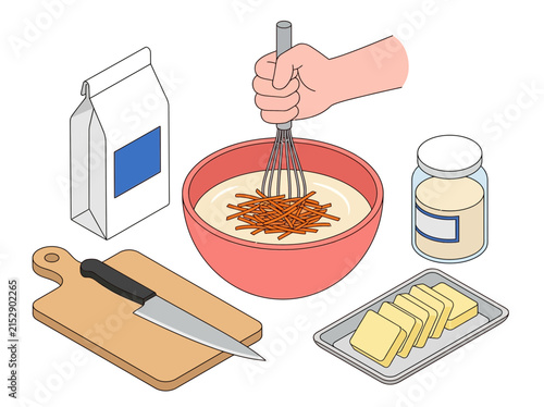 Illustration of Hand Whisking Batter in Red Bowl with Baking Ingredients