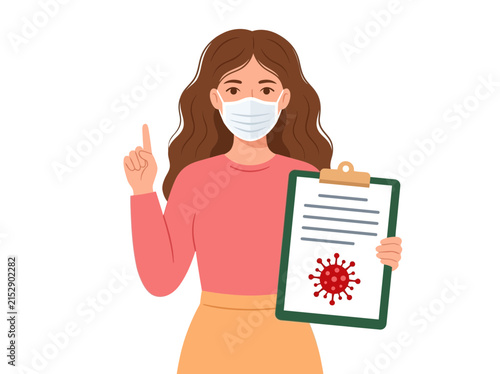 Woman in Face Mask Holding Clipboard with Virus Icon Pointing Up