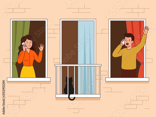 Flat Vector Illustration of Neighbors Communicating via Mobile Phones from Apartment Windows