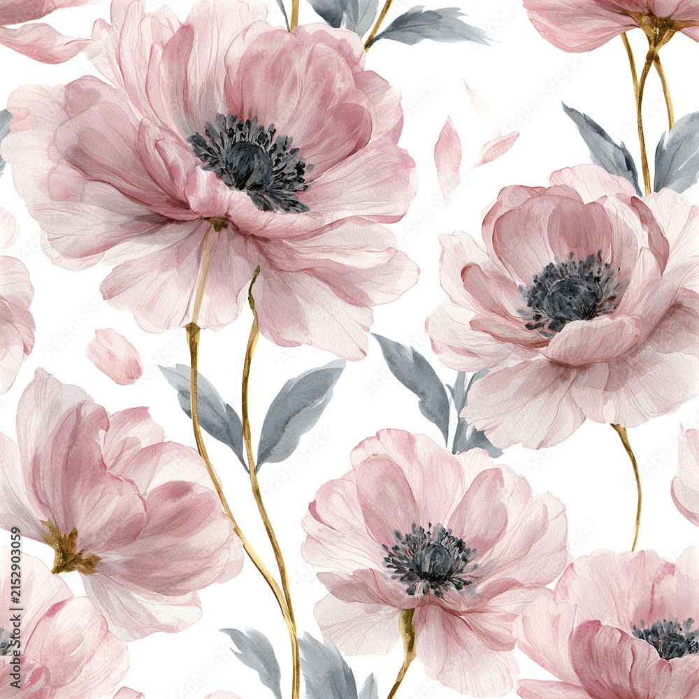 Fototapeta premium Soft pink flower pattern with delicate petals and gray leaves creating elegant and calming floral design