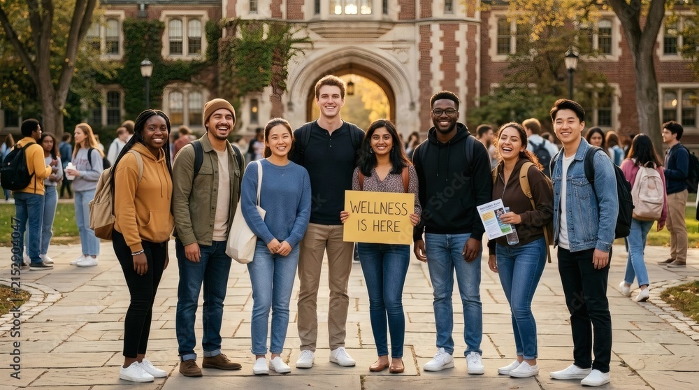 Naklejka premium Diverse Group of Students Holding Wellness Sign on College Campus