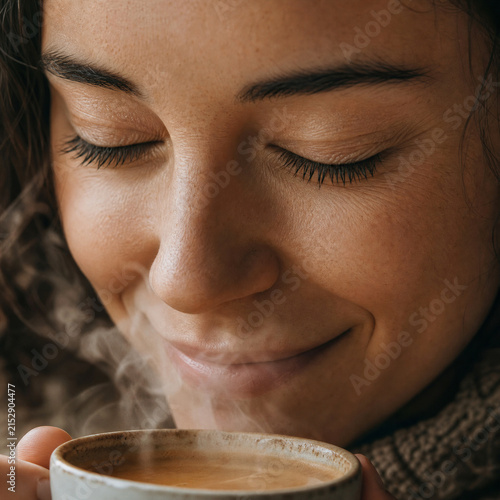 Young woman blissfully smelling the steam from a hot cup of coffee with her eyes closed
