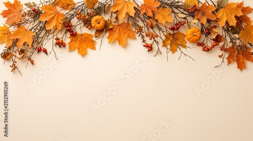 Orange Autumn Leaves and Pumpkin Upper Border with Warm Beige Copy Space for Fall Marketing, Seasonal Promotion, Harvest Banner and Greeting Design