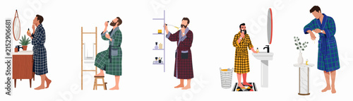 Illustration set of men in bathrobes performing various morning grooming routines, including skincare, shaving, and brushing teeth in a modern bathroom setting.