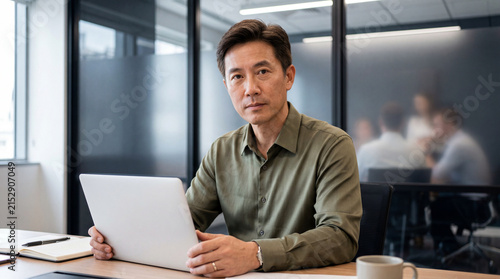 Asian man sitting at office desk holding laptop in modern workspace with colleagues in background for business leadership and corporate professionalism