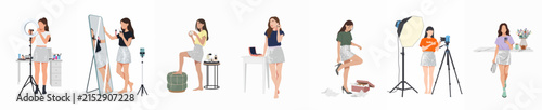 Set of minimalist vector illustrations featuring a young woman social media influencer creating beauty, fashion, and lifestyle content for her audience.