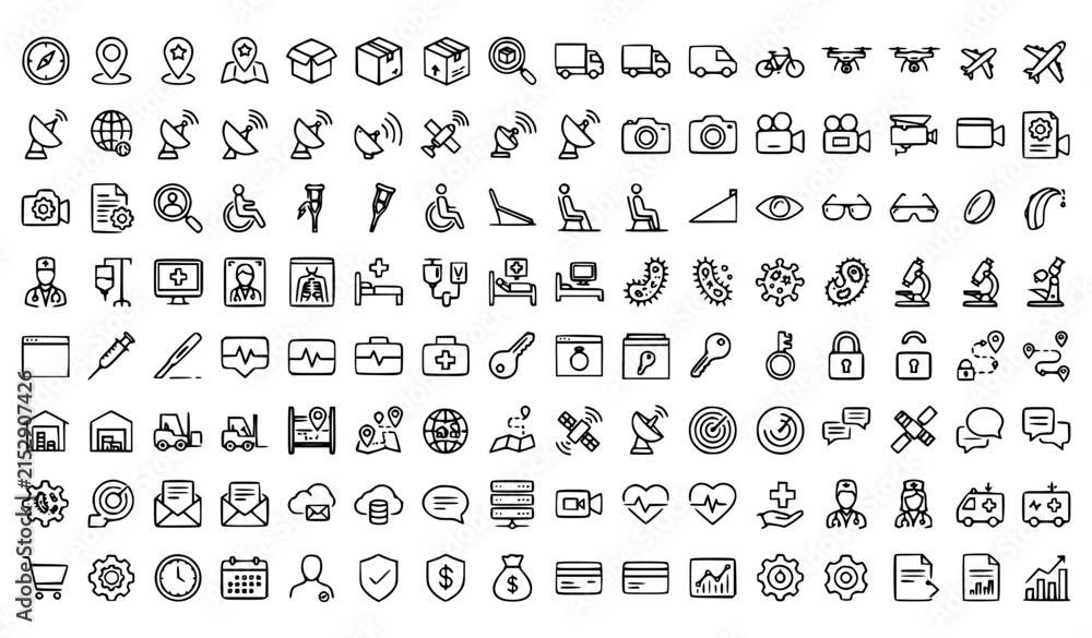 Fototapeta premium Delivery Navigation Medical and Digital Service Thin Line Vector Icon Collection