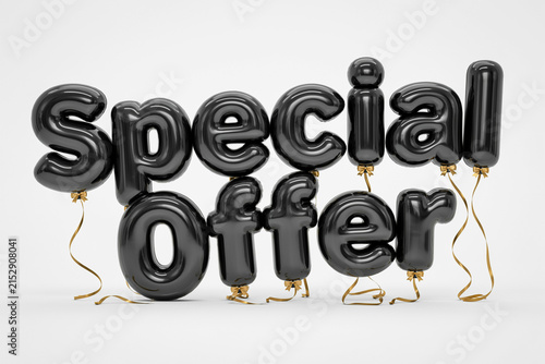 Glossy dark black inflatable balloon letters forming the phrase Special Offer complete with individual golden bows and elegant curled ribbons signifying a significant discount promotion