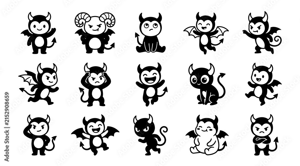 Obraz premium Set of fifteen cute devil character black and white of little demons with horns, wings, and tails collection