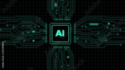 Animated Ai Processor Chip with Glowing Circuit Board Lines On Dark Grid Background