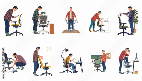 Illustration set of a man assembling, adjusting, and using ergonomic office chairs for a productive home office workspace.