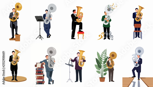 Картината върху платно Set of Tuba and Sousaphone Player Illustrations in Formal Poses, Featuring Vario