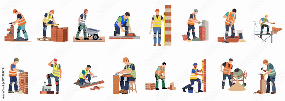 Fototapeta premium Vector illustration set of diverse construction workers and bricklayers in safety gear performing various masonry and building tasks on a white background.