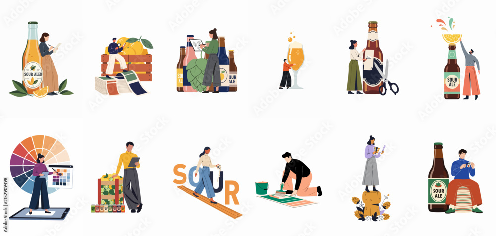 Fototapeta premium A collection of flat vector illustrations depicting people engaged in various craft beer production, branding, and tasting activities with large bottles and ingredients.