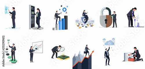 Flat Vector Illustrations of Business Professionals Engaging in Data Analysis, Cloud Computing, Cybersecurity, Networking, and Corporate Growth Strategies on a White Background.
