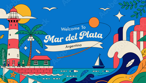 Welcome to Mar del Plata, Argentina: Coastal resort town illustration with lighthouse, palm tree, beach, and ocean waves.