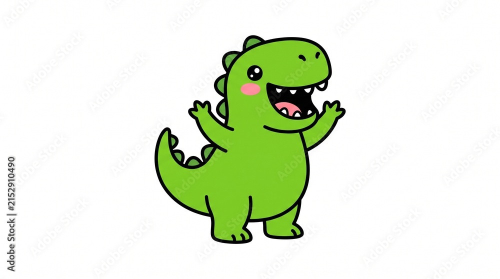 Fototapeta premium Happy green dinosaur cartoon character with a friendly smiling face and cute rosy cheeks depicted in a simple style on white background