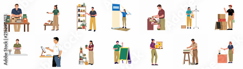 Diverse collection of flat vector illustrations depicting various small business owners, retail staff, and warehouse workers in their daily tasks.