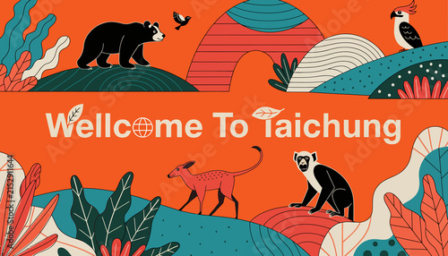 Welcome To Taichung: Whimsical Wildlife & Nature Illustration with Diverse Animals on Orange Background