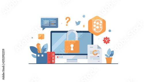 Flat illustration of computer security concept with a padlock on a monitor screen.