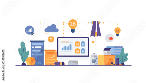 Flat vector illustration of modern digital business workspace with data analytics and creative ideas.