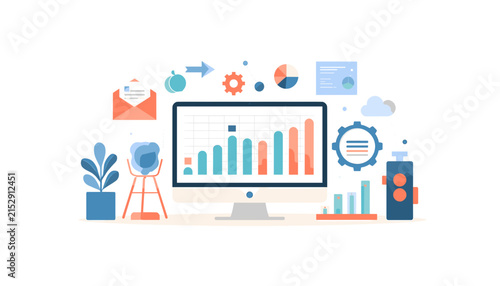 Flat vector illustration of a computer monitor displaying business data charts and financial analytics icons.