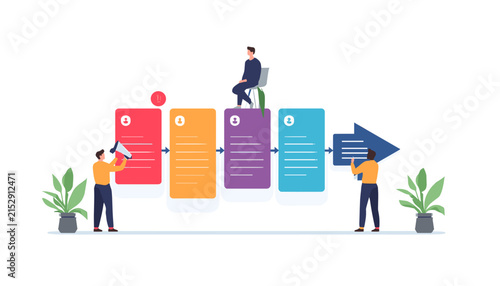 Business team working together on a colorful project workflow timeline infographic illustration.