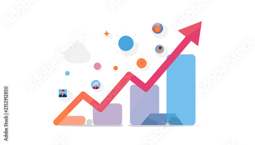 Abstract illustration of a rising bar chart with a red arrow showing business growth.