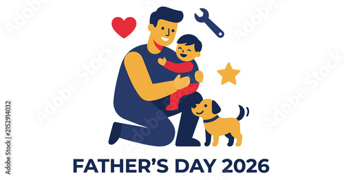 Happy father and baby with dog for father day celebration