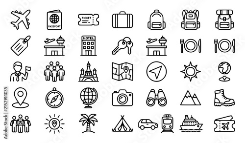 Travel Vacation and Tourism Editable Line Icons with Tour Guides Hotels Maps and Holiday Activities