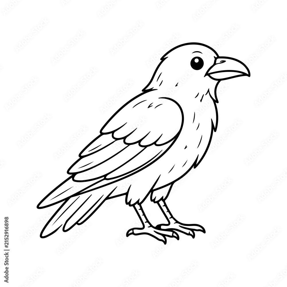 Obraz premium Black and white line art illustration of a crow bird standing in profile.