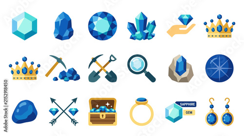 Obraz na płótnie Sapphire gemstone and blue jewelry icon set.