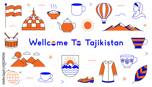 Welcome To Tajikistan: Vibrant Icons of Culture, Landscape, and Tradition. Central Asia Travel Concept.