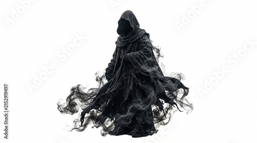 Mysterious faceless hooded figure surrounded by swirling black smoke isolated on a clean white background