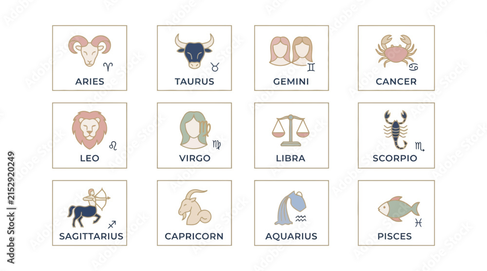 Obraz premium Zodiac Signs Set Flat Vector Icons on Transparent Background