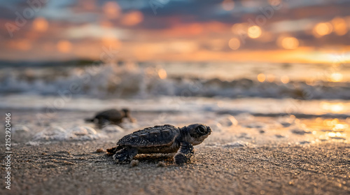 Loggerhead sea turtles (Caretta caretta) hatchlings on beach sunset time
