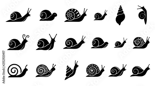 :
Snail Black Silhouette Vector Icons Collection with Spiral Shell and Garden Animal Designs