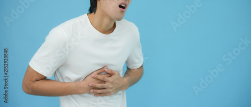 Cuadro en lienzo Acid reflux disease, man has symptoms of heartburn, esophageal, stomach ache, ha