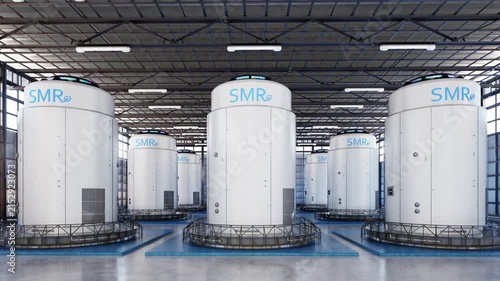 3d rendering group of smr or small modular nuclear reactors power plant in daytime 4k footage