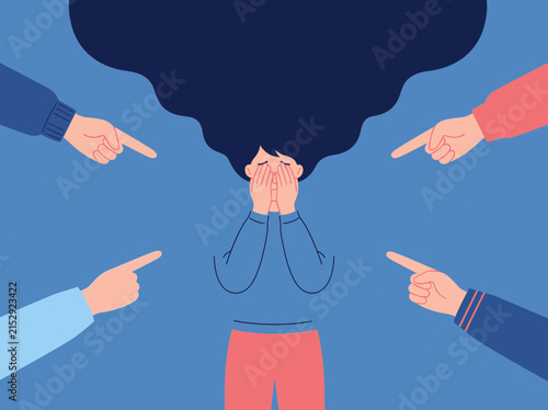 Obraz na plátně Illustration of a distressed woman being pointed at by accusing hands, symbolizing cyberbullying, social judgment, and depression
