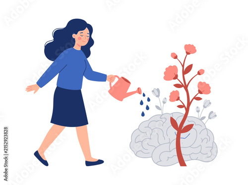 Photography Woman Watering Brain with Flowers Mental Health Growth Illustration