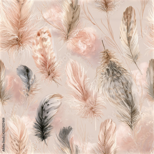 Soft feather pattern with hand painted floating feathers in beige and brown tones creating gentle and elegant design