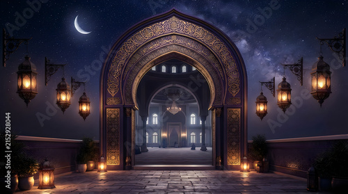 Islamic archway with glowing lanterns at night illustration