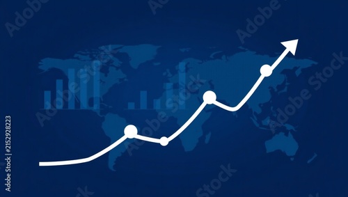 White rising growth chart line with dots over a blue world map background